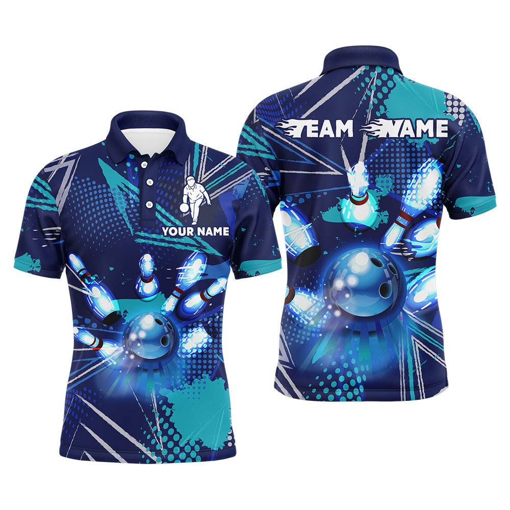 Personalisierte Bowling-Polo-Shirt für Herren | Blaues Bowling-Trikot mit Namen | 3D Bowling Team Liga Shirt D94 - Climcat