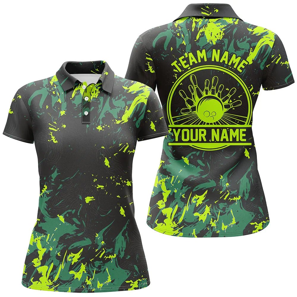 Personalisierte Bowling-Polo-Shirts für Damen, Bowlingkugeln und Pins Bowling-Team-Shirts | Grün P5400 - Climcat