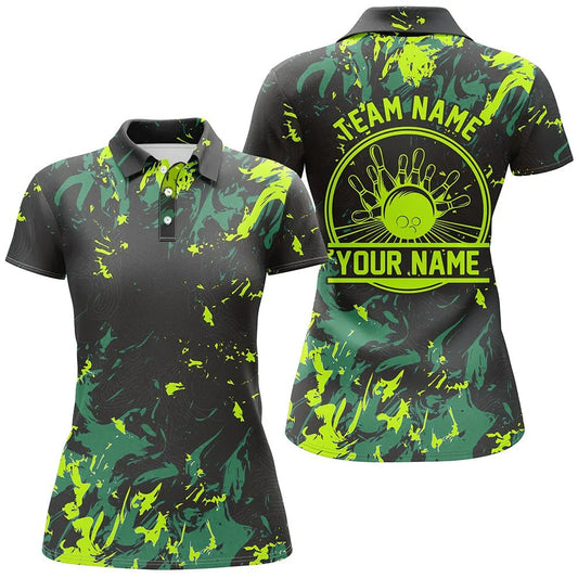 Personalisierte Bowling-Polo-Shirts für Damen, Bowlingkugeln und Pins Bowling-Team-Shirts | Grün P5400 - Climcat