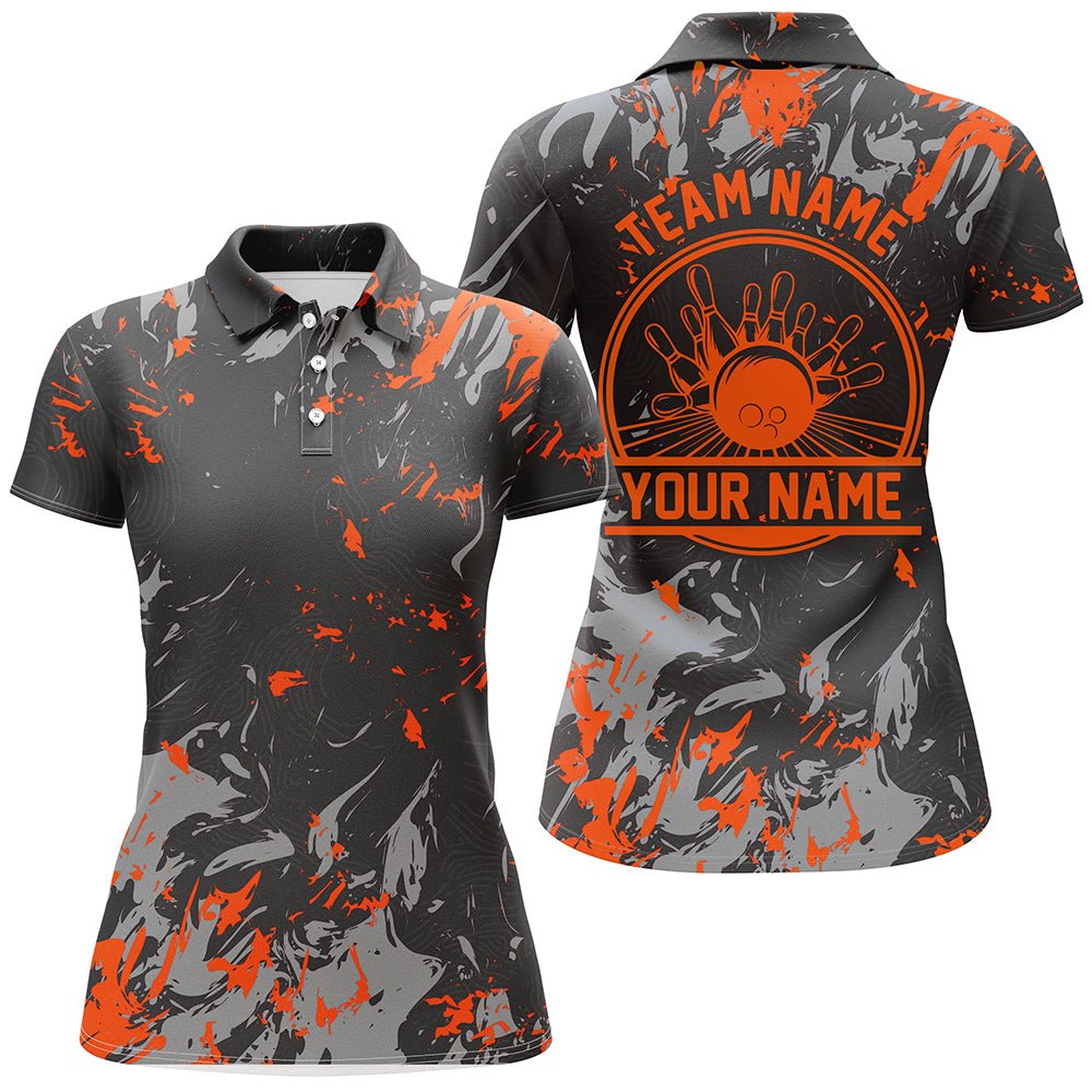 Personalisierte Bowling-Polo-Shirts für Damen, Bowlingkugeln und Pins Bowling-Team-Shirts | Orange P5397 - Climcat