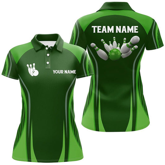 Personalisierte Bowling-Polo-Shirts für Damen - Grünes Vintage-Design mit individueller Kugel und Pins - Bowling Team Trikots Q6392 - Climcat