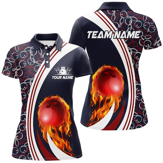 Personalisierte Bowling-Polo-Shirts für Damen | Individuelles Camouflage-Design | Feuer-Bowlingkugel-Motiv | Bowling-Team-Liga-Trikots | Navy Q6716 - Climcat