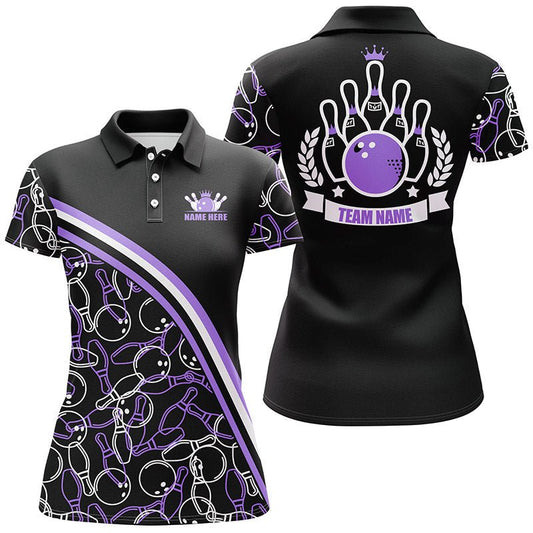 Personalisierte Bowling-Polo-Shirts für Damen | Individuelles Schwarz-Lila Bowling-Muster | Bowling-Teamshirts Q6531 - Climcat