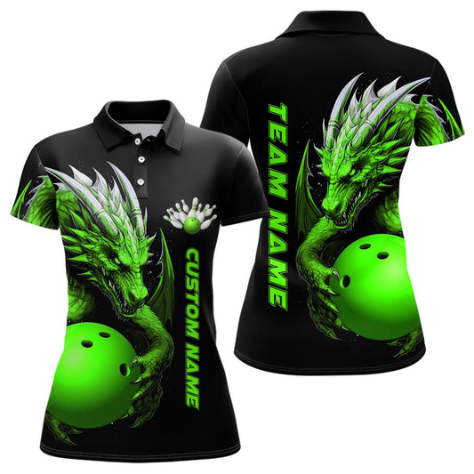 Personalisierte Bowling-Polo-Shirts für Damen mit grünem Drachenmotiv - Team-Bowlingtrikots und Bowlingbekleidung P5295 - Climcat