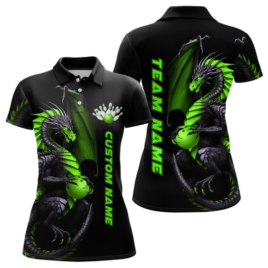 Personalisierte Bowling-Polo-Shirts für Damen mit grünem Drachenmuster - Team-Bowlingtrikots für Bowlerinnen - Hochwertige Bekleidung P5333 - Climcat