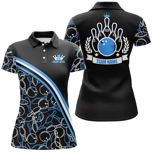 Personalisierte Bowling-Polo-Shirts für Damen mit individuellem Namen, schwarz-blauem Bowling-Muster, Bowling-Team-Shirts Q5277 - Climcat