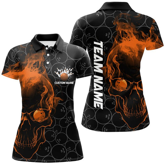 Personalisierte Bowling-Polo-Shirts für Damen mit individuellem Orange Skull Design - Team Bowling Trikots für Bowling Liga Outfits P5415 - Climcat