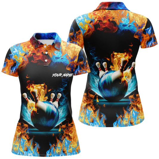 Personalisierte Bowling-Polo-Shirts für Damen mit kurzem Ärmel, individuellem Namen und Wasserfeuer-Hintergrund, Team-Bowling-Trikots Q4705 - Climcat