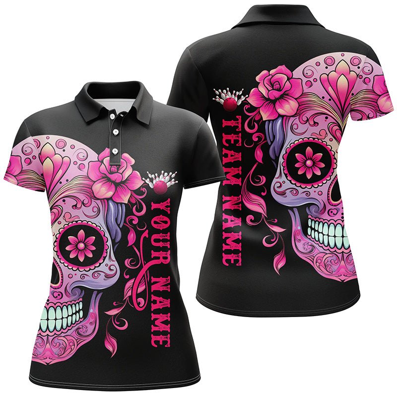Personalisierte Bowling-Polo-Shirts für Damen mit Pinkem Sugar Skull Tattoo, Halloween Team Bowling Trikots P5243 - Climcat