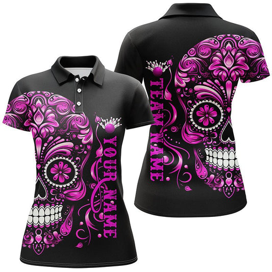 Personalisierte Bowling-Polo-Shirts für Damen mit Pinkem Sugar Skull Tattoo, Halloween Team Bowling Trikots P5244 - Climcat