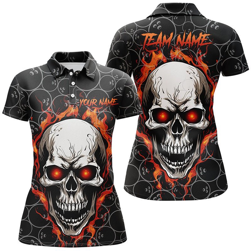 Personalisierte Bowling-Polo-Shirts für Damen mit rotem Flammen-Schädel-Muster, Bowling-Teamtrikots P5246 - Climcat