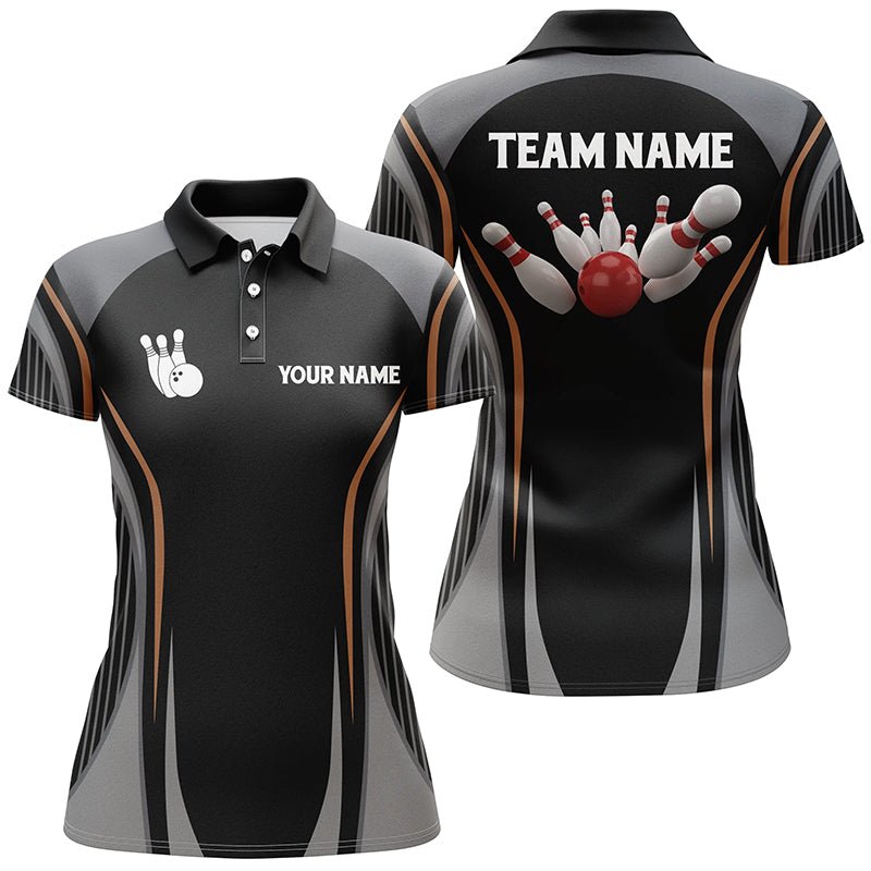 Personalisierte Bowling-Polo-Shirts für Damen | Schwarzes Vintage-Bowling-Teamtrikot | Individuelle Bowlingkugel und Pins | Q5246 - Climcat
