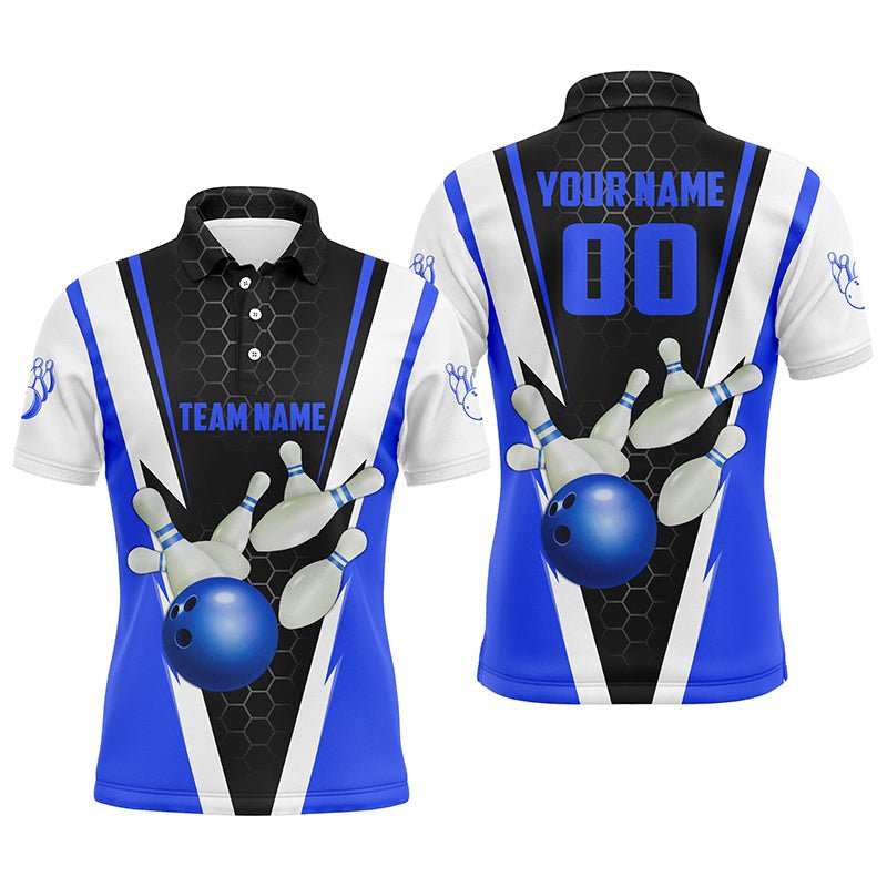 Personalisierte Bowling-Polo-Shirts für Herren in Blau, Bowling-Teamtrikots mit Namen und Nummer P5281 - Climcat