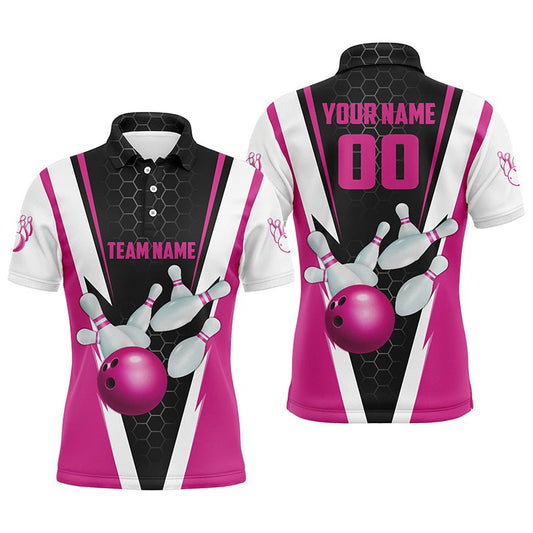 Personalisierte Bowling-Polo-Shirts für Herren in Pink, Bowling-Teamtrikots mit Namen und Nummer P5282 - Climcat