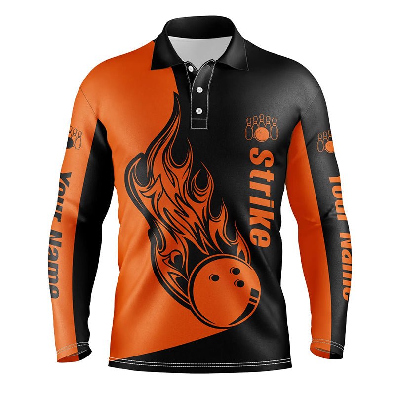 Personalisierte Bowling-Polo-Shirts für Herren in Schwarz und Orange, Bowling-Team-Shirts Bowling Strike Q5661 - Climcat