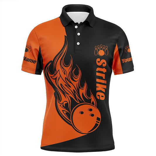 Personalisierte Bowling-Polo-Shirts für Herren in Schwarz und Orange, Bowling-Team-Shirts Bowling Strike Q5661 - Climcat