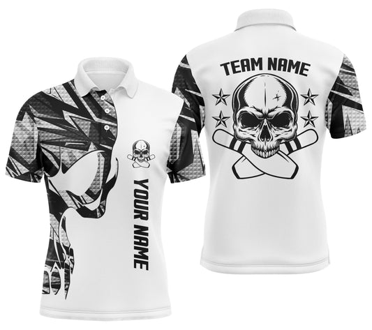 Personalisierte Bowling-Polo-Shirts für Herren in Weiß mit Tarnmuster, individuellem Namen und Teamnamen Skull Bowling, Team-Bowling-Shirts Q4699 - Climcat