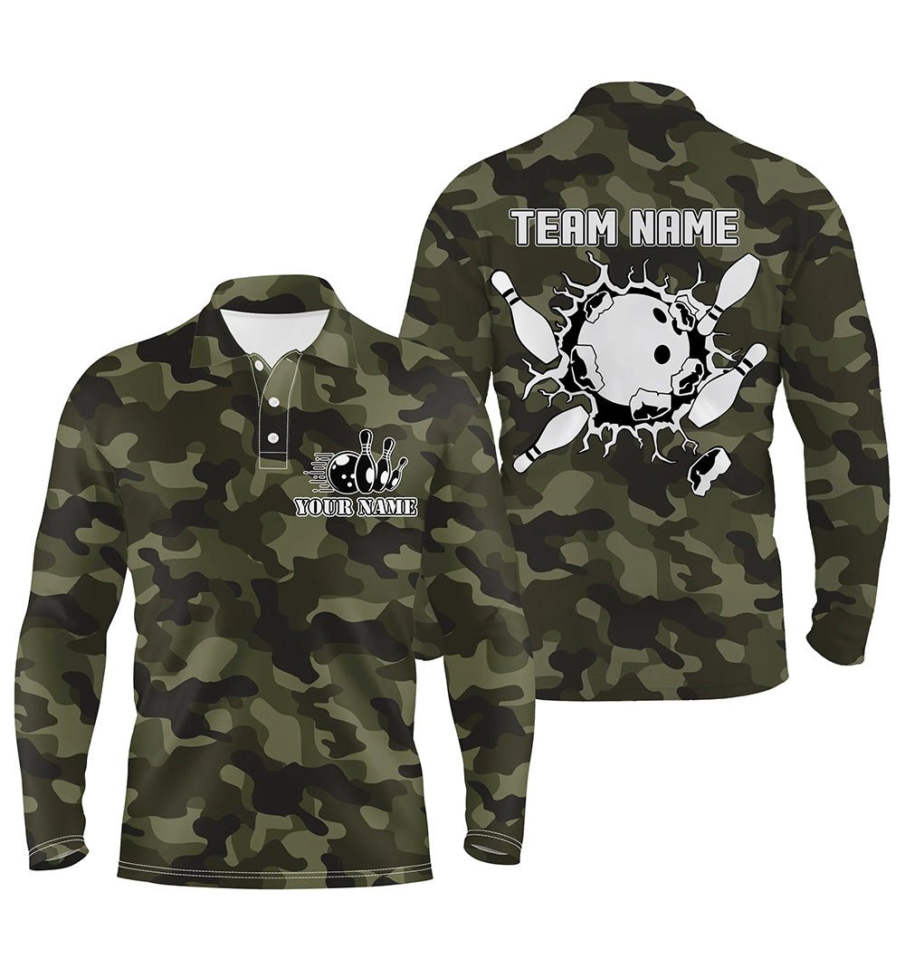 Personalisierte Bowling-Polo-Shirts für Herren | Individuelles Bowlingball- und Pins-Design | Grün Camouflage | Herren Bowling Team Trikot Q5261 - Climcat