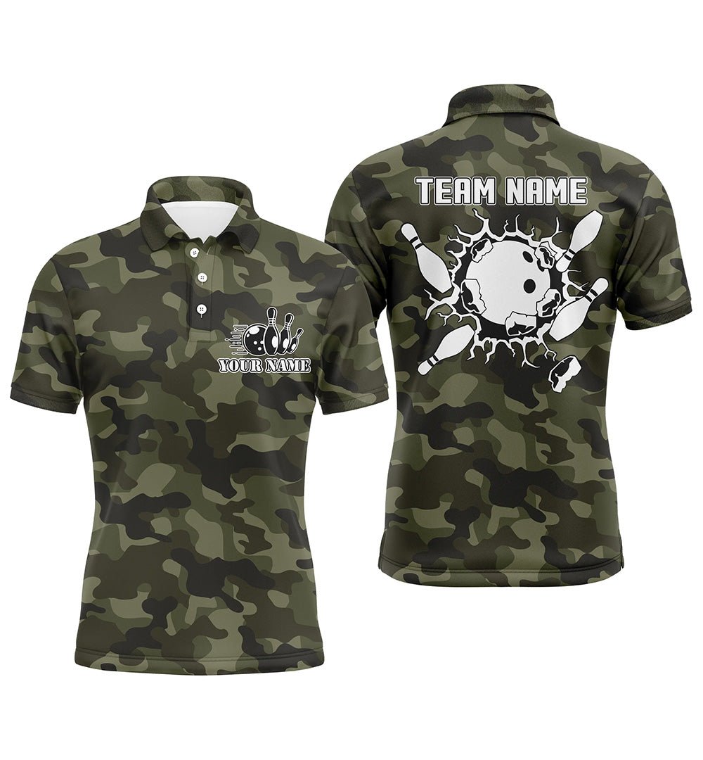 Personalisierte Bowling-Polo-Shirts für Herren | Individuelles Bowlingball- und Pins-Design | Grün Camouflage | Herren Bowling Team Trikot Q5261 - Climcat