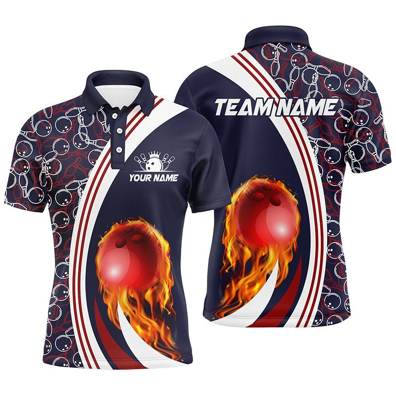 Personalisierte Bowling-Polo-Shirts für Herren | Individuelles Camouflage-Design | Feuer-Bowlingkugel-Motiv | Bowling-Team-Liga-Trikots | Navy Q6716 - Climcat