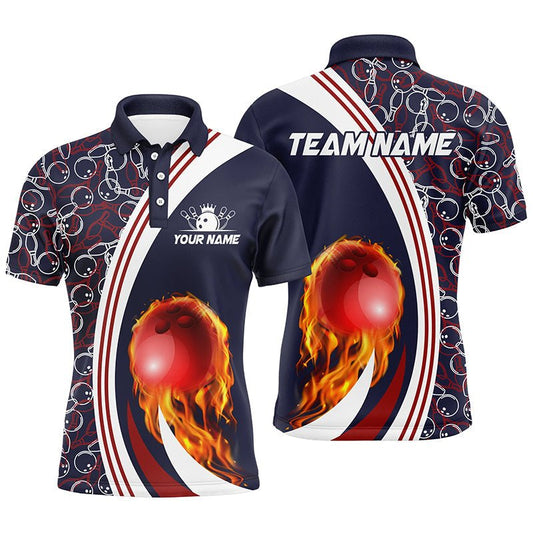 Personalisierte Bowling-Polo-Shirts für Herren | Individuelles Camouflage-Design | Feuer-Bowlingkugel-Motiv | Bowling-Team-Liga-Trikots | Navy Q6716 - Climcat