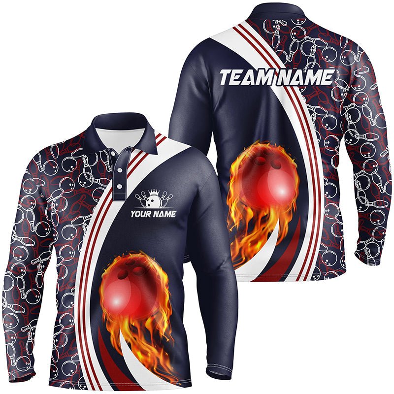 Personalisierte Bowling-Polo-Shirts für Herren | Individuelles Camouflage-Design | Feuer-Bowlingkugel-Motiv | Bowling-Team-Liga-Trikots | Navy Q6716 - Climcat