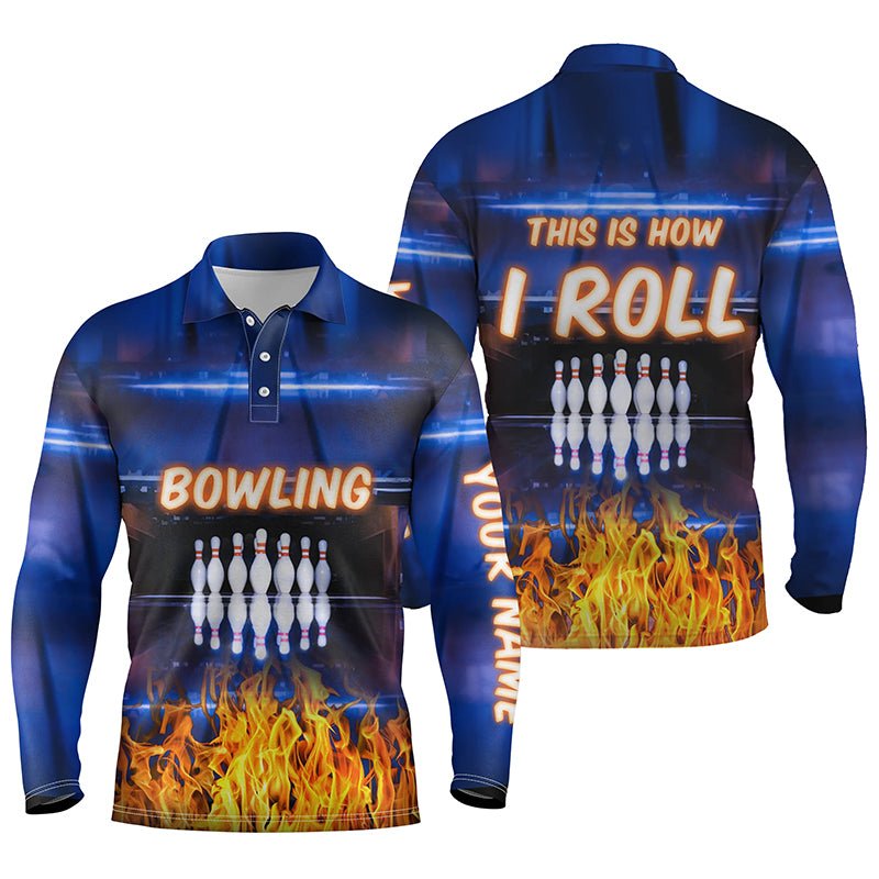 Personalisierte Bowling-Polo-Shirts für Herren mit blauer Flammen-Optik - Das ist wie ich rolle! Team-Bowlingtrikots Q5634 - Climcat