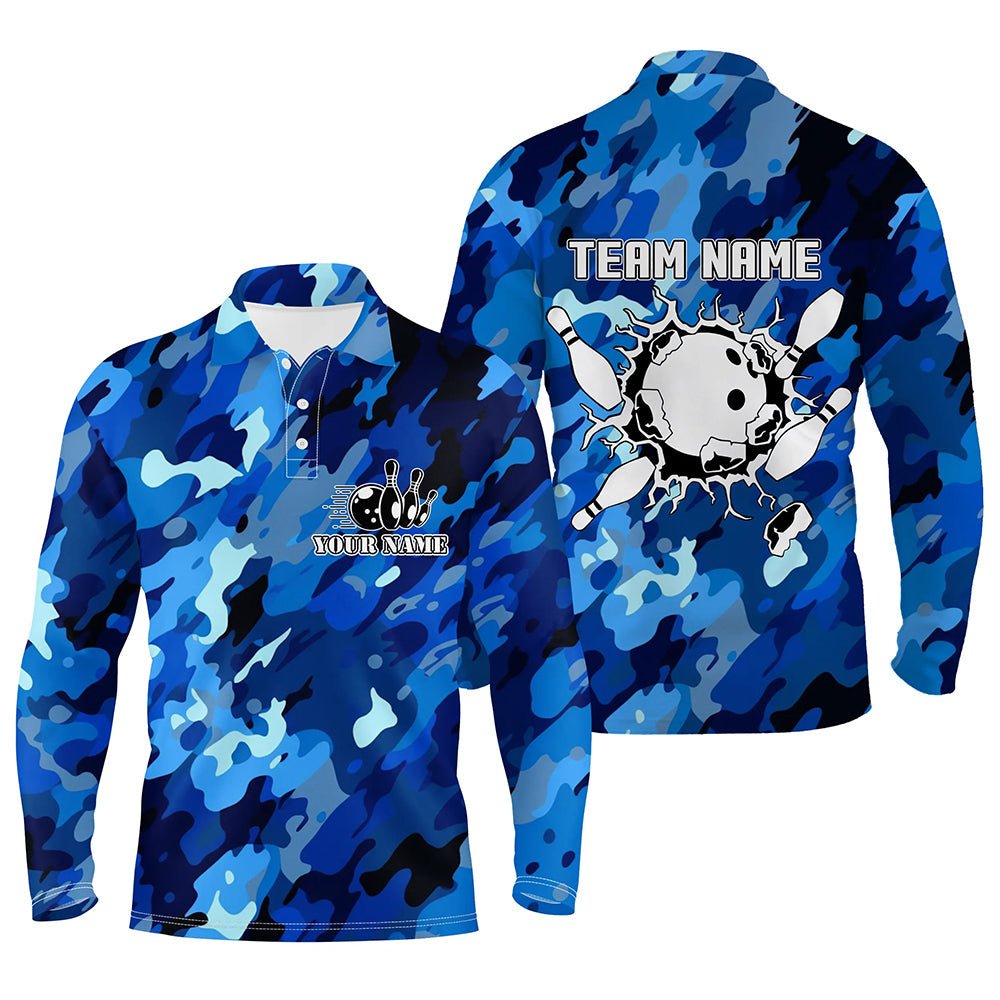 Personalisierte Bowling-Polo-Shirts für Herren mit individuellem Bowlingball und Pins - Blau Camo Bowling Team Trikot Q6285 - Climcat