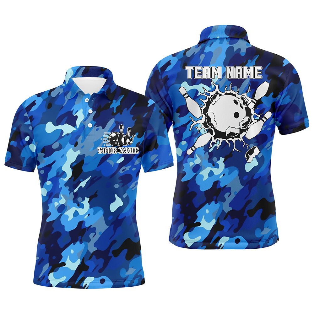 Personalisierte Bowling-Polo-Shirts für Herren mit individuellem Bowlingball und Pins - Blau Camo Bowling Team Trikot Q6285 - Climcat