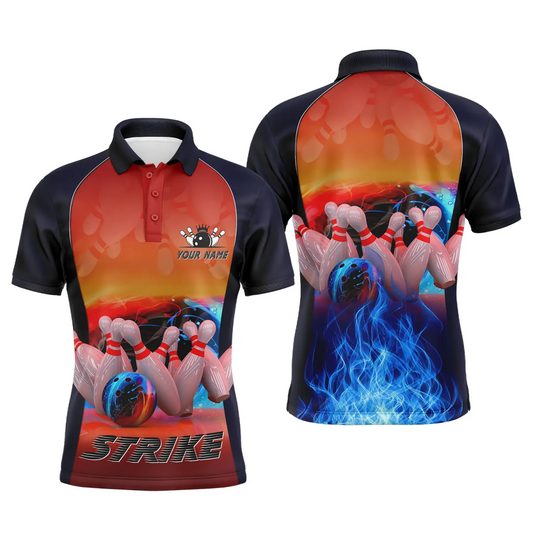 Personalisierte Bowling-Polo-Shirts für Herren mit individuellem Namen - Blau, Feuerdesign, Bowling Strike Ball und Pins - Bowling Trikots Q4813 - Climcat