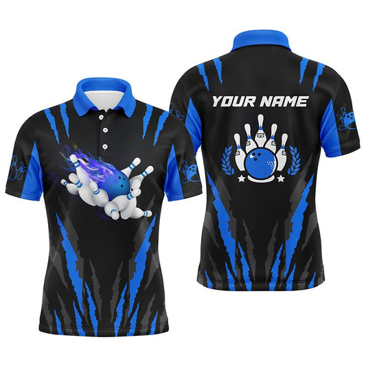 Personalisierte Bowling-Polo-Shirts für Herren mit individuellem Namen | Flammen-Bowlingkugel und Pins | Blaue Bowling-Trikots Q4542 - Climcat