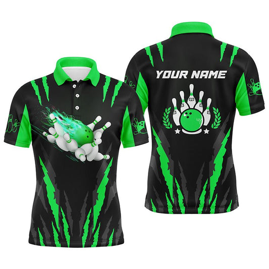 Personalisierte Bowling-Polo-Shirts für Herren mit individuellem Namen | Flammen-Bowlingkugel und Pins | Grünes Bowling-Trikot Q4541 - Climcat