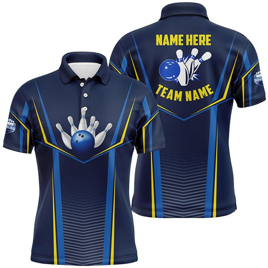 Personalisierte Bowling-Polo-Shirts für Herren mit individuellem Namen und Teamnamen, Bowlingkugeln und Pins, Bowling-Team-Liga-Shirt | Blau Q6210 - Climcat