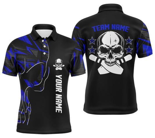 Personalisierte Bowling-Polo-Shirts für Herren mit individuellem Namen und Teamnamen Skull Bowling | Blaue Team-Bowling-Shirts Q4553 - Climcat