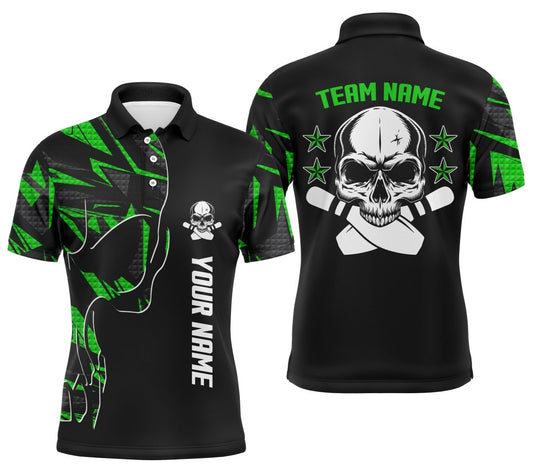 Personalisierte Bowling-Polo-Shirts für Herren mit individuellem Namen und Teamnamen Skull Bowling | Grüne Team-Bowling-Shirts Q4553 - Climcat