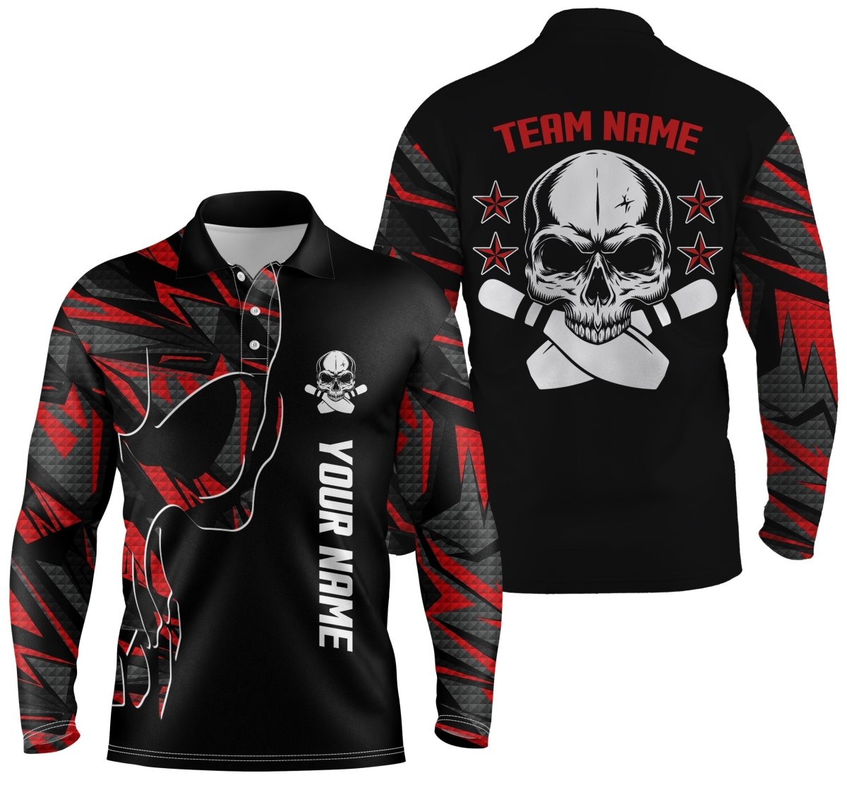 Personalisierte Bowling-Polo-Shirts für Herren mit individuellem Namen und Teamnamen Skull Bowling | Rote Team-Bowling-Shirts Q4553 - Climcat