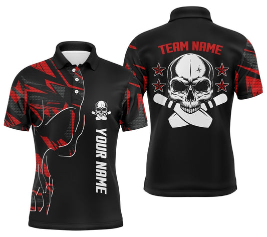 Personalisierte Bowling-Polo-Shirts für Herren mit individuellem Namen und Teamnamen Skull Bowling | Rote Team-Bowling-Shirts Q4553 - Climcat