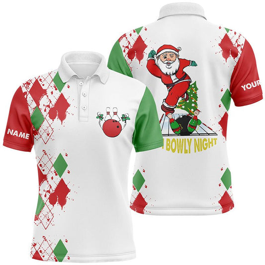 Personalisierte Bowling-Polo-Shirts für Herren mit lustigem Weihnachtsmotiv - Weißes Bowling-Shirt mit individuellem Namen - Oh Bowly Night Q6883 - Climcat