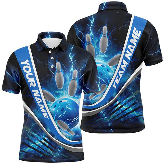 Personalisierte Bowling-Polo-Shirts in Blau mit Donner und Blitz für Herren und Damen - Bowling-Trikots für Teams P5322 - Climcat