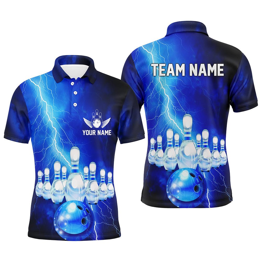 Personalisierte Bowling-Polo-Shirts in Blau mit Donner und Blitz für Herren und Damen - Bowling-Trikots für Teams P5349 - Climcat