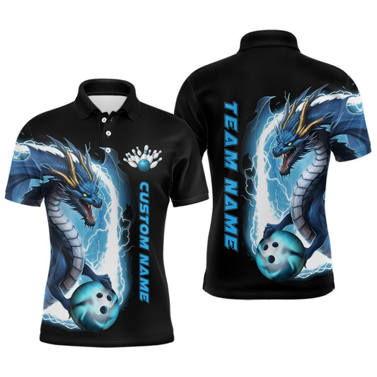 Personalisierte Bowling-Polo-Shirts in Blau mit Donnerblitz-Drachenmuster für Herren - Dragon Bowling Team Trikots und Outfits P5337 - Climcat