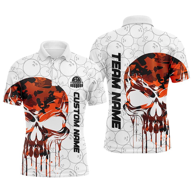 Personalisierte Bowling-Polo-Shirts in Orange Camo mit Totenkopf für Herren - Bowling-Trikots für Teams und Bowling-Ligen - P5327 - Climcat