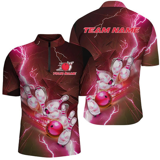 Personalisierte Bowling-Polo-Shirts in Rot mit Blitzdesign, Bowling-Teamtrikots für Herren P5221 - Climcat