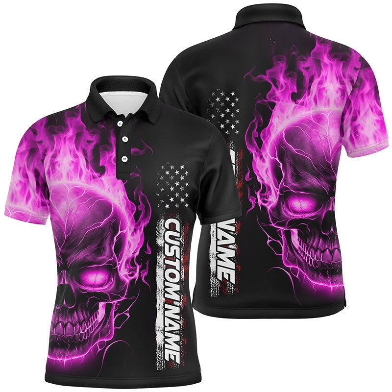 Personalisierte Bowling-Polo-Shirts mit pinkem Flammen-Schädel für Herren und Damen, Amerikanische Bowling-Team Trikots P5279 - Climcat