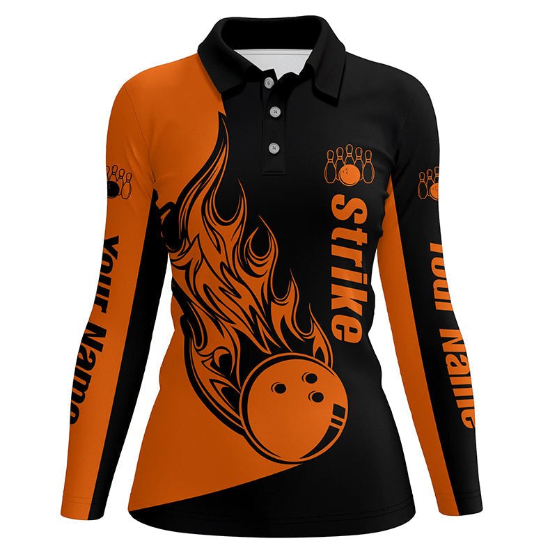 Personalisierte Bowling Poloshirts für Damen in Schwarz und Orange, Bowling Team Shirts Bowling Strike Q5661 - Climcat