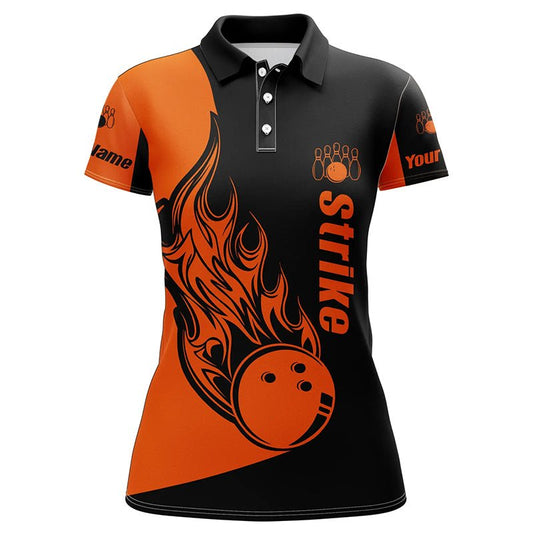 Personalisierte Bowling Poloshirts für Damen in Schwarz und Orange, Bowling Team Shirts Bowling Strike Q5661 - Climcat