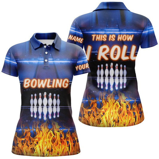 Personalisierte Bowling-Poloshirts für Damen mit blauer Flammen-Optik - Das ist mein Bowling-Team Jersey Q5634 - Climcat