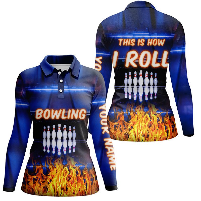 Personalisierte Bowling-Poloshirts für Damen mit blauer Flammen-Optik - Das ist mein Bowling-Team Jersey Q5634 - Climcat