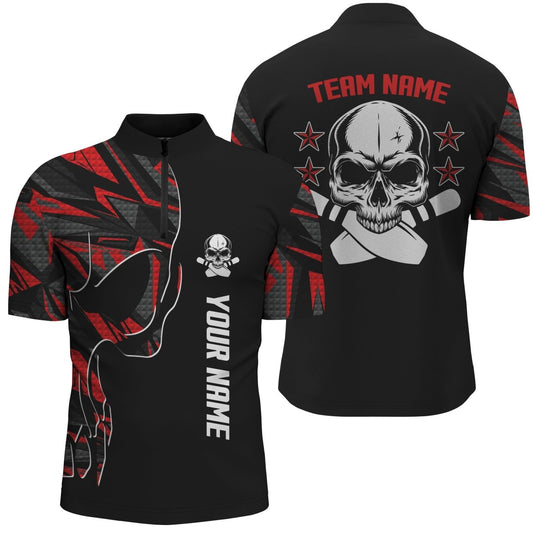 Personalisierte Bowling-Quarter-Zip-Herrenshirt mit individuellem Namen und Teamnamen Skull Bowling | Rote Team-Bowling-Shirts Q4553 - Climcat