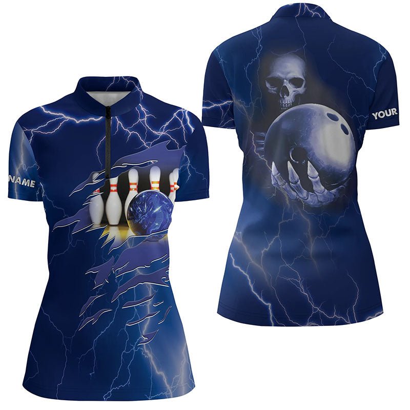 Personalisierte Bowling-Quarter-Zip-Shirt für Damen, Blaue Blitzmuster, Individueller Name, Team Skull Bowling Trikots Q6022 - Climcat